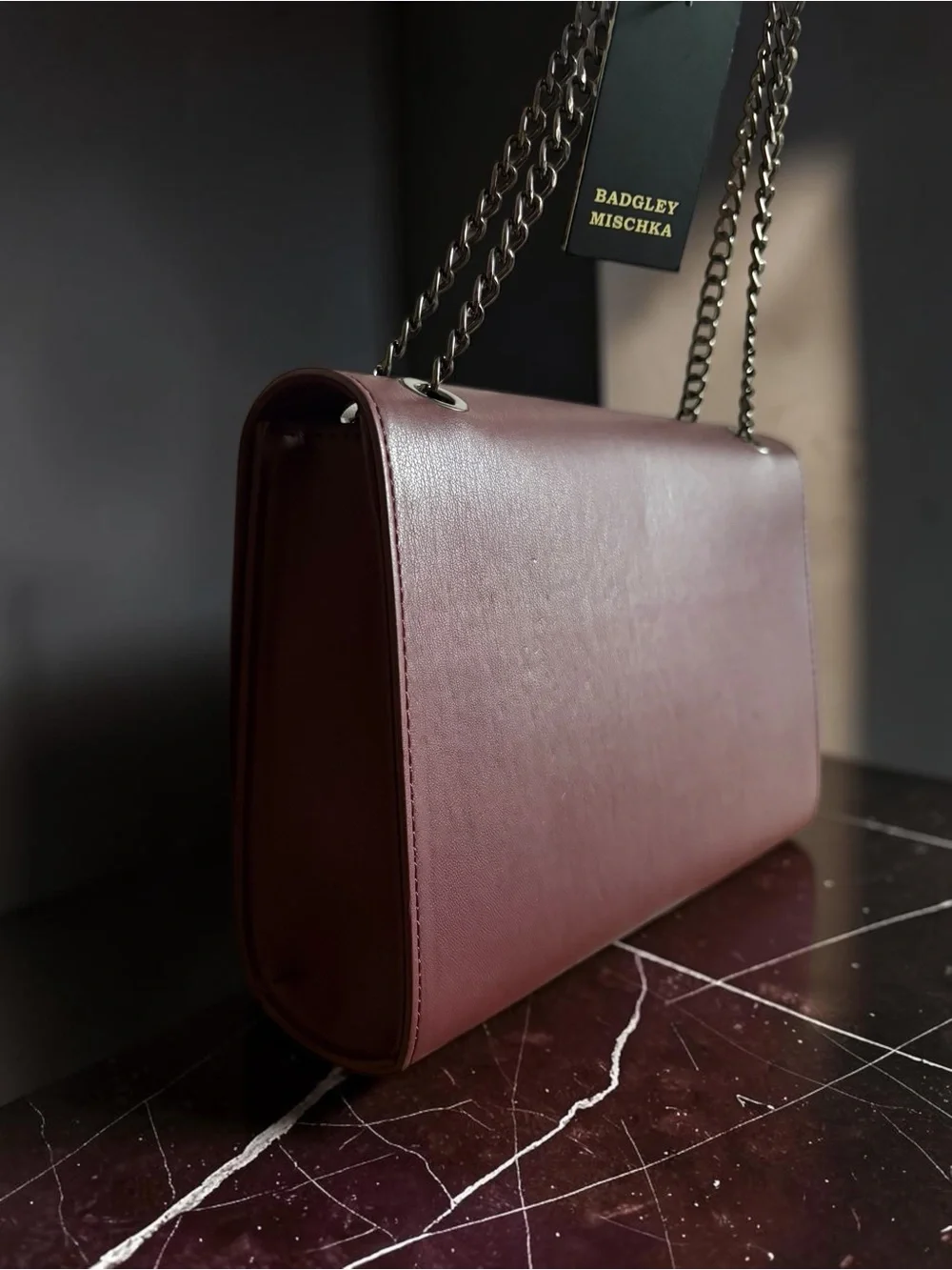 Badgley Mischka Burgundy Vegan Leather Chain Shoulder Bag